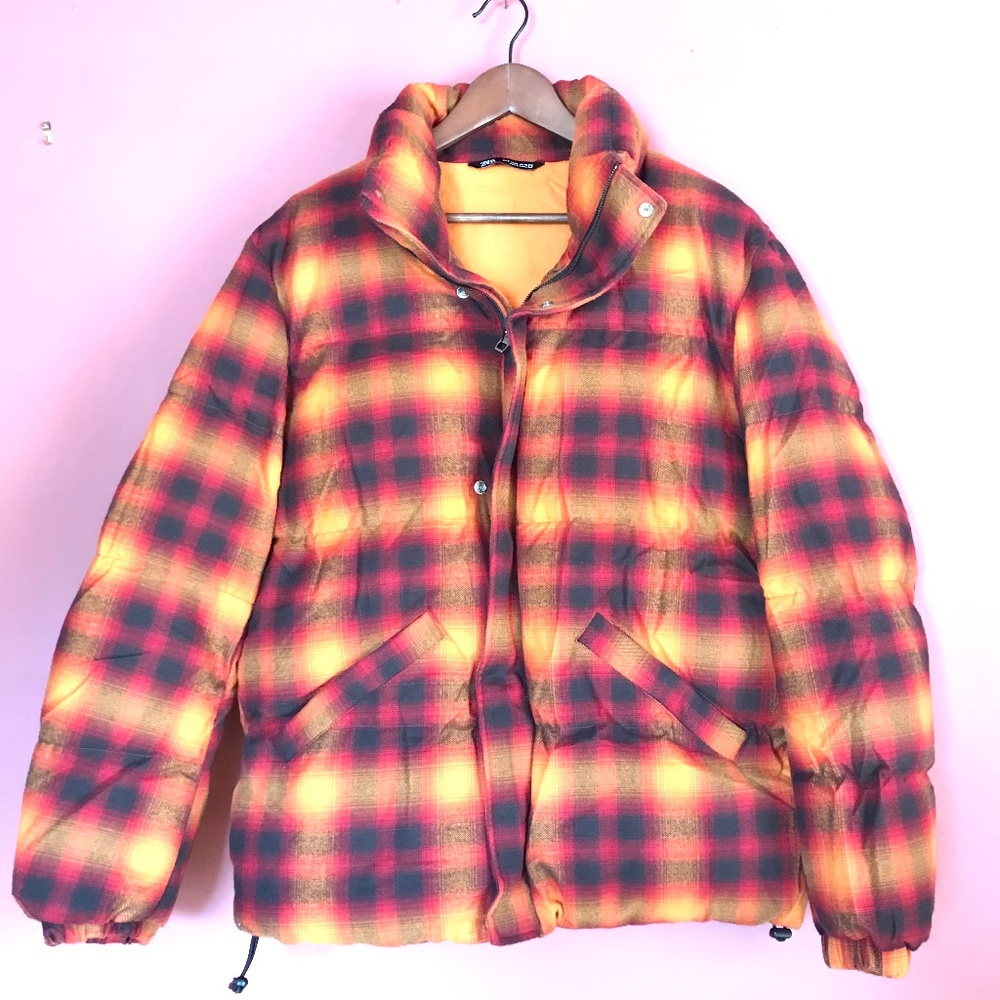 Zara Jacket Mens Plaid Puffer Flannel Orange Black, Red, Street Wear Y2K M - Picture 3 of 13